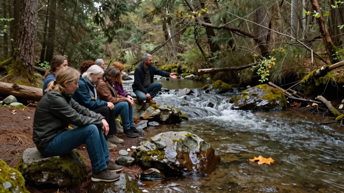 Grupo de pessoas sentadas junto a um rio em floresta, observando a água corrente e a natureza à volta.
