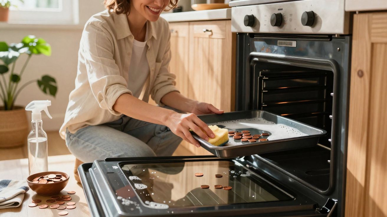 Mulher limpa o interior de um forno com uma esponja e uma bandeja com moedas.