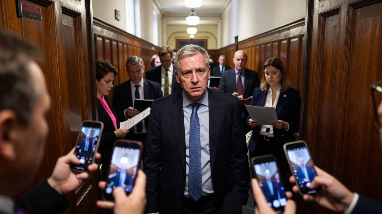 Homem de fato azul escuro caminha por corredor enquanto é fotografado por várias pessoas com telemóveis.