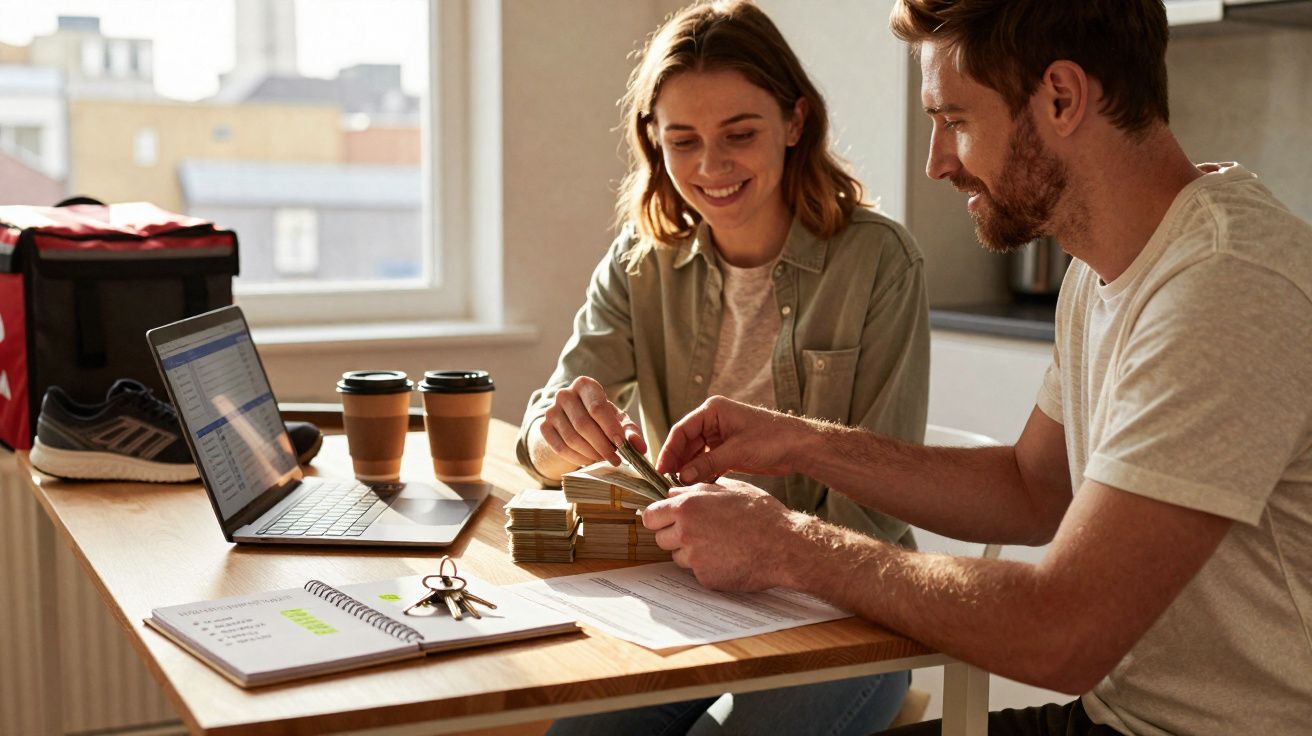Casal sentado à mesa a contar dinheiro e a analisar documentos com computador portátil aberto.