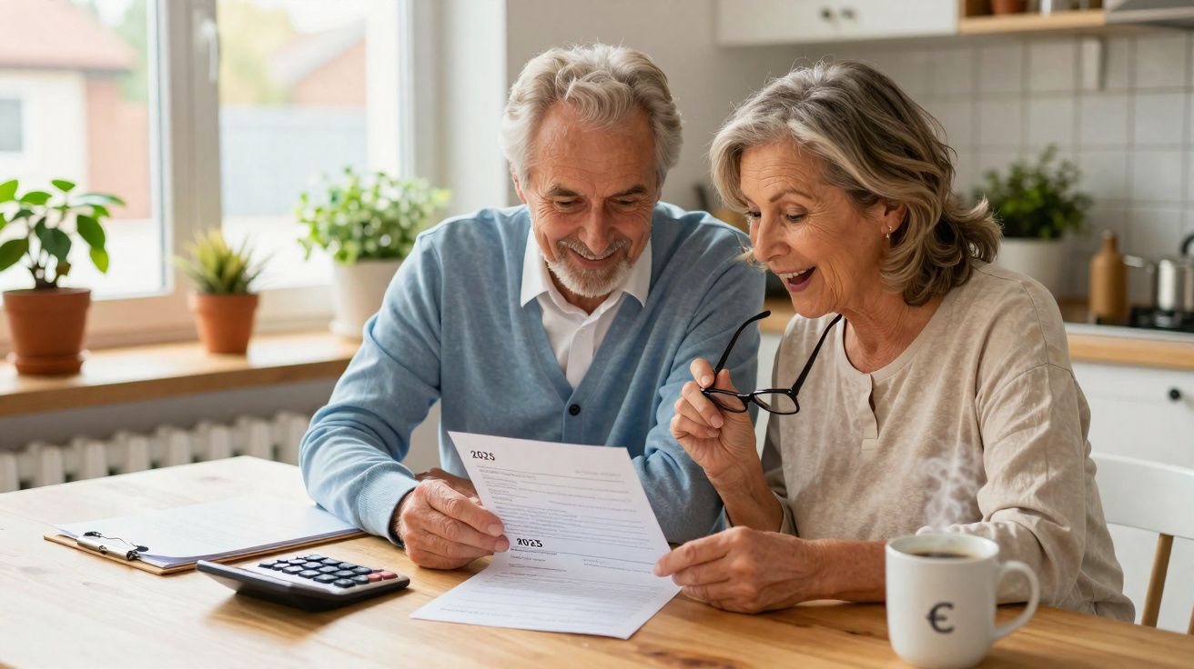 Casal sénior sentado à mesa sorrindo enquanto analisam documentos financeiros num ambiente acolhedor.