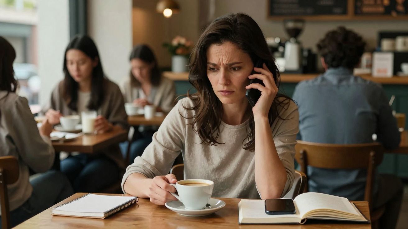 Mulher preocupada fala ao telefone num café com chávena de café e caderno aberto à sua frente.