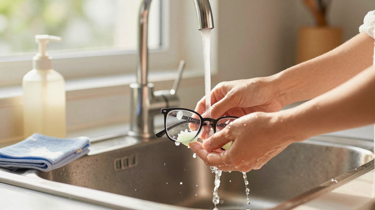 Pessoa a lavar óculos com sabão e água na torneira da cozinha.