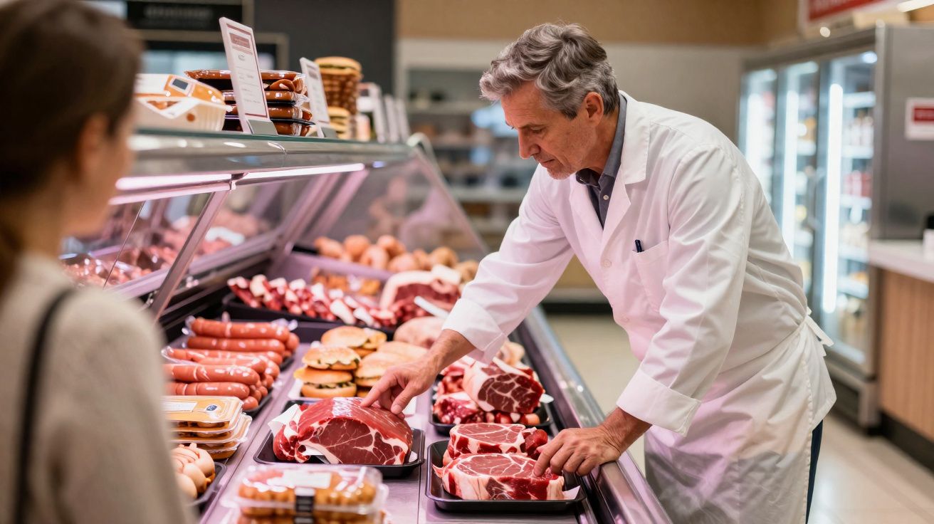 Talhante a mostrar diferentes peças de carne fresca ao cliente no balcão de supermercado.