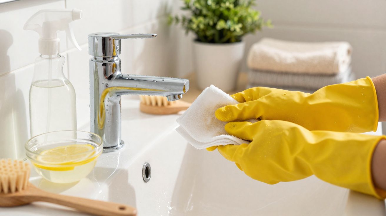 Mãos com luvas amarelas a limpar uma torneira cromada e a pia branca numa casa de banho.