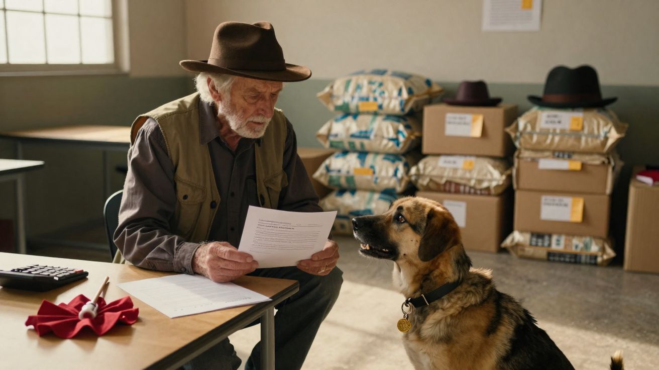 Homem idoso de chapéu lê documento sentado à mesa, enquanto cão grande o observa atento numa sala cheia de caixas.