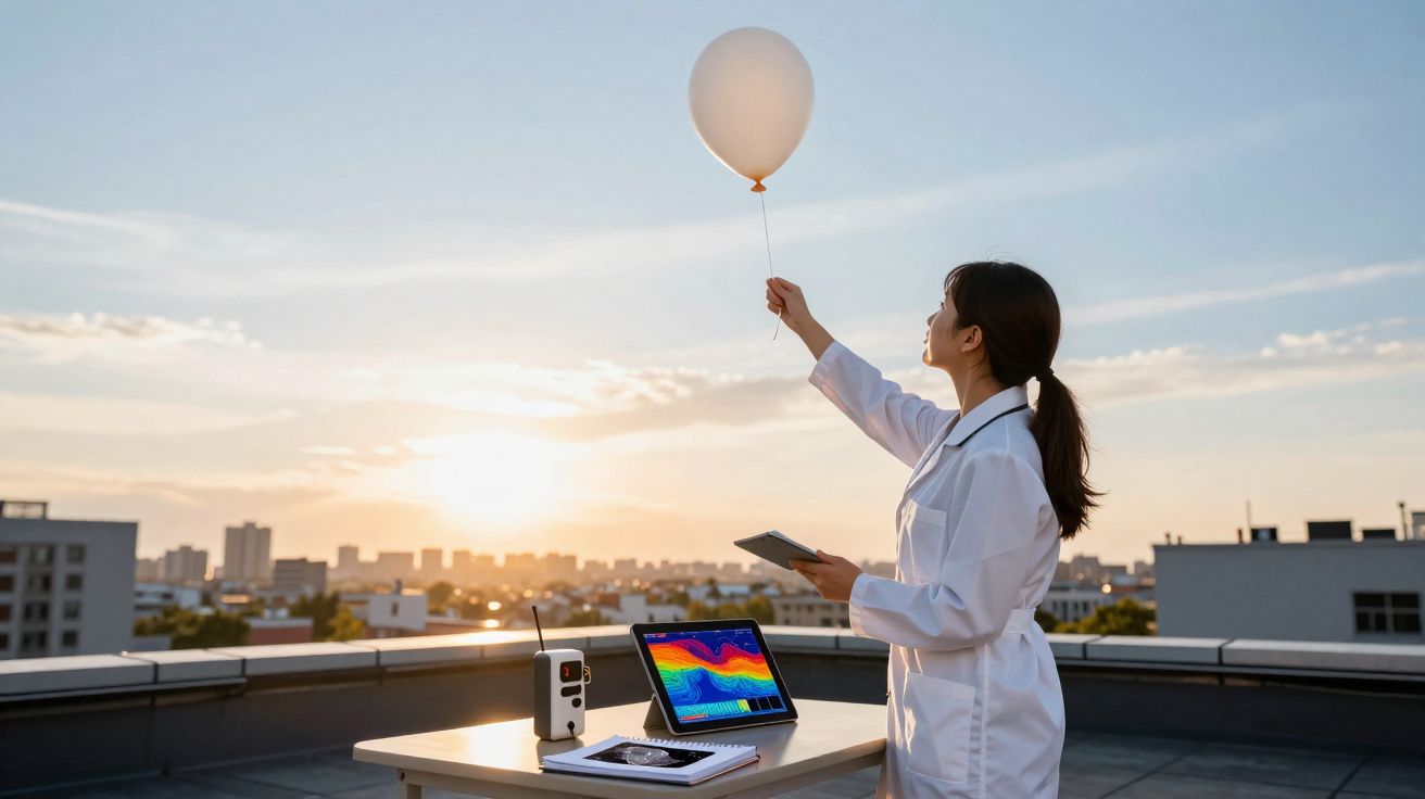 Mulher cientista segura balão meteorológico no terraço, com tablet e equipamento de medição ao pôr do sol.