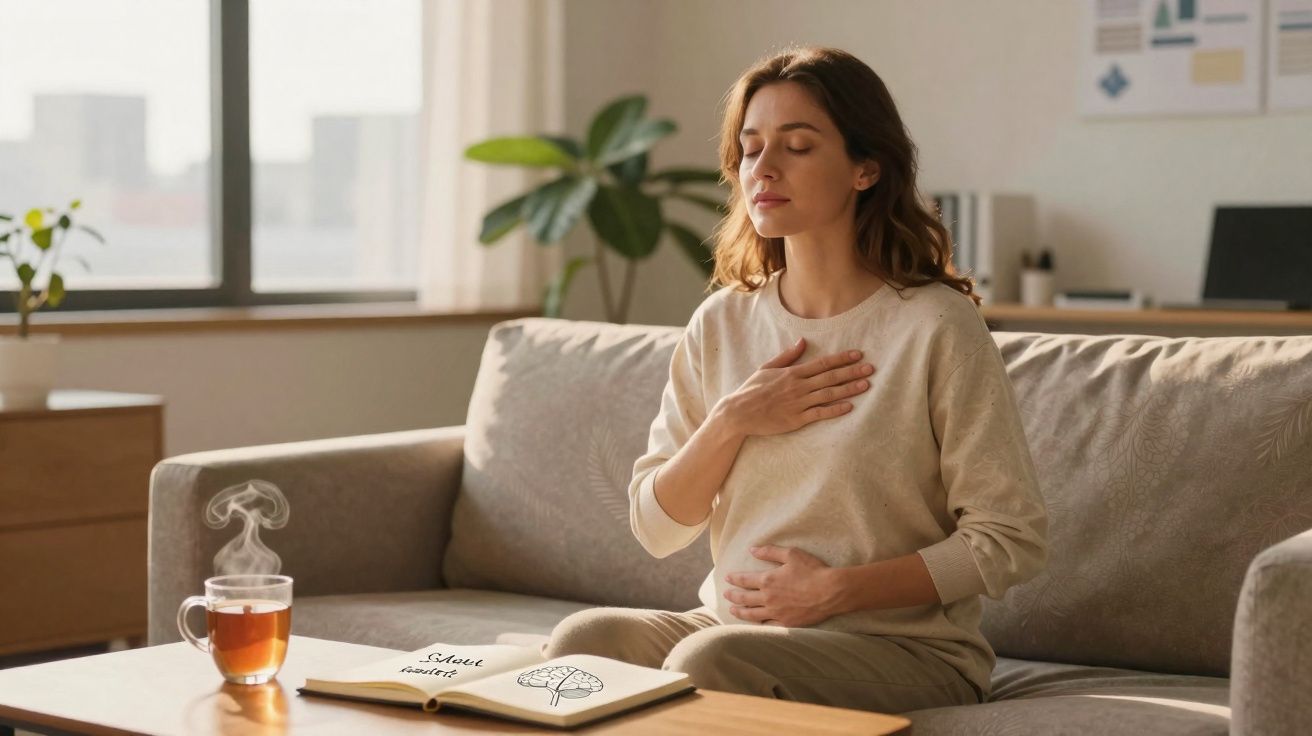Mulher grávida a meditar sentada no sofá com chá e livro de desenhos no ambiente acolhedor.