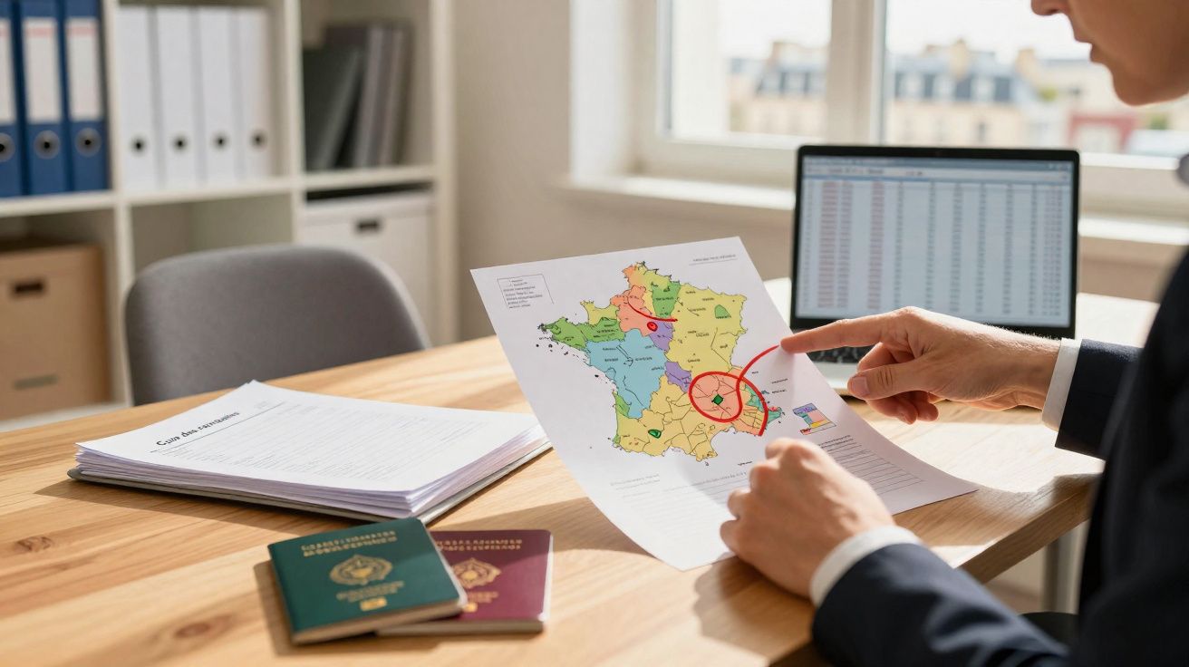 Pessoa em escritório a analisar mapa da França com região assinalada, passaportes e documentos sobre a mesa.