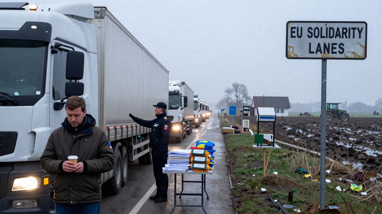 Fila de camiões na estrada com sinalização "Eu Solidarity Lanes" e controlo policial em dia nublado.