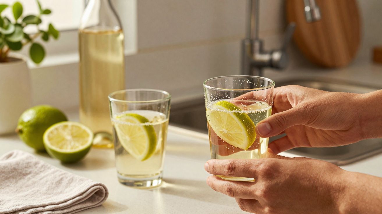 Mãos a segurar copo com bebida e rodelas de lima numa cozinha com garrafa, limas e pano sobre a bancada.