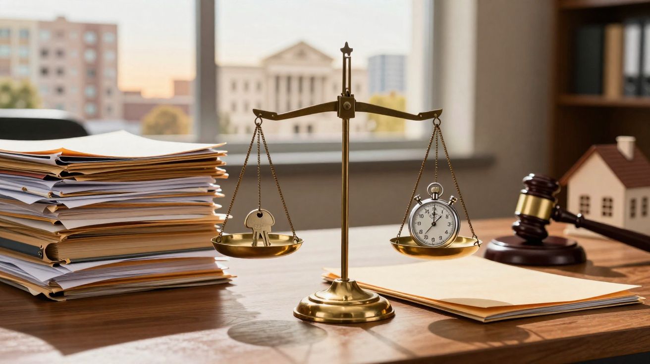 Balança dourada com chave e relógio, pilhas de documentos e malhete em escritório jurídico.