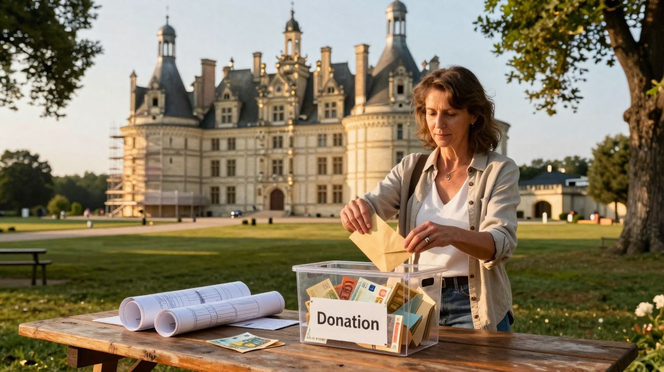 Mulher a colocar envelope numa caixa de donativos em frente a um castelo histórico ao pôr do sol.