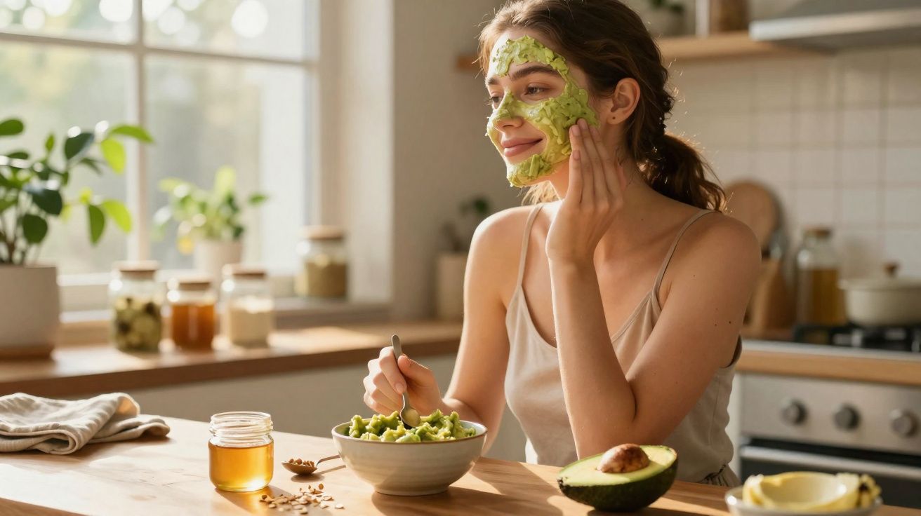 Mulher com máscara facial de abacate aplica creme no rosto enquanto está sentada à mesa na cozinha iluminada.