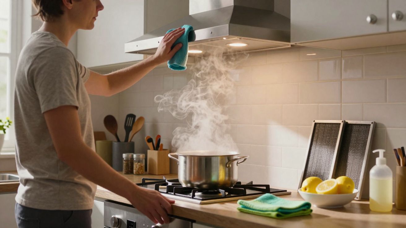 Pessoa a limpar exaustor na cozinha enquanto uma panela a ferver produz vapor no fogão a gás.