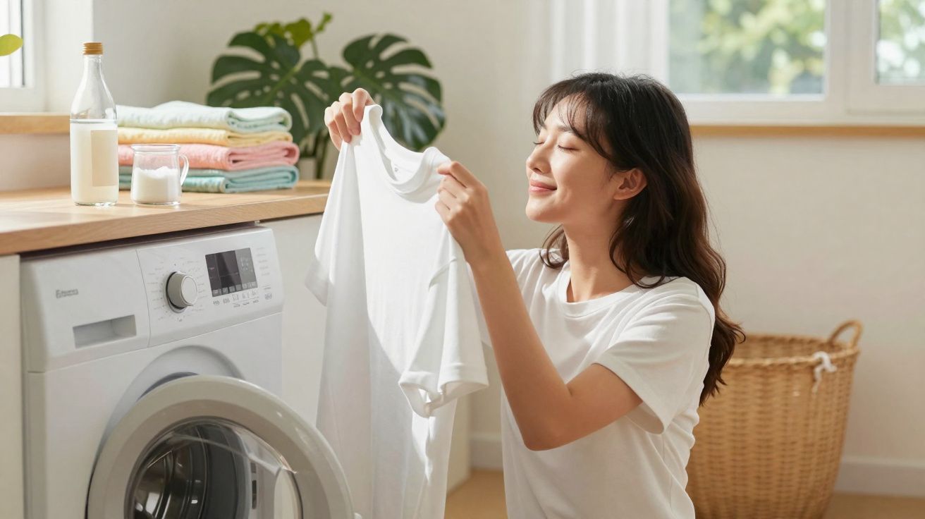 Mulher feliz a cheirar roupa branca recém-lavada junto a máquina de lavar roupa numa divisão iluminada.
