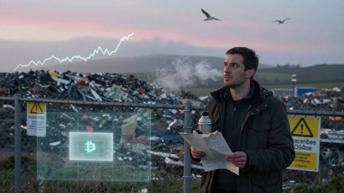 Homem com casaco escuro segura papel e garrafa térmica perto de depósito de lixo ao pôr do sol.