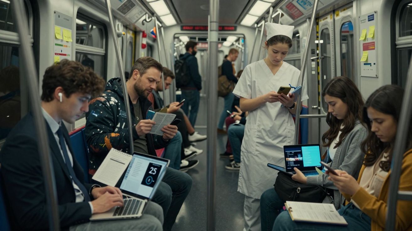 Passageiros no metro a usar dispositivos eletrónicos e uma enfermeira a consultar o telemóvel enquanto está de pé.