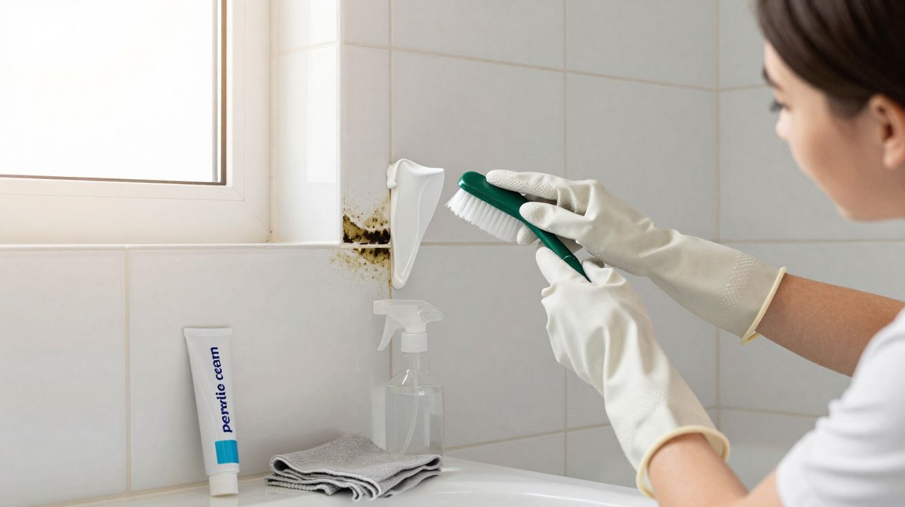 Pessoa com luvas a limpar bolor preto numa parede de casa de banho junto a uma janela com escova e produtos de limpeza.