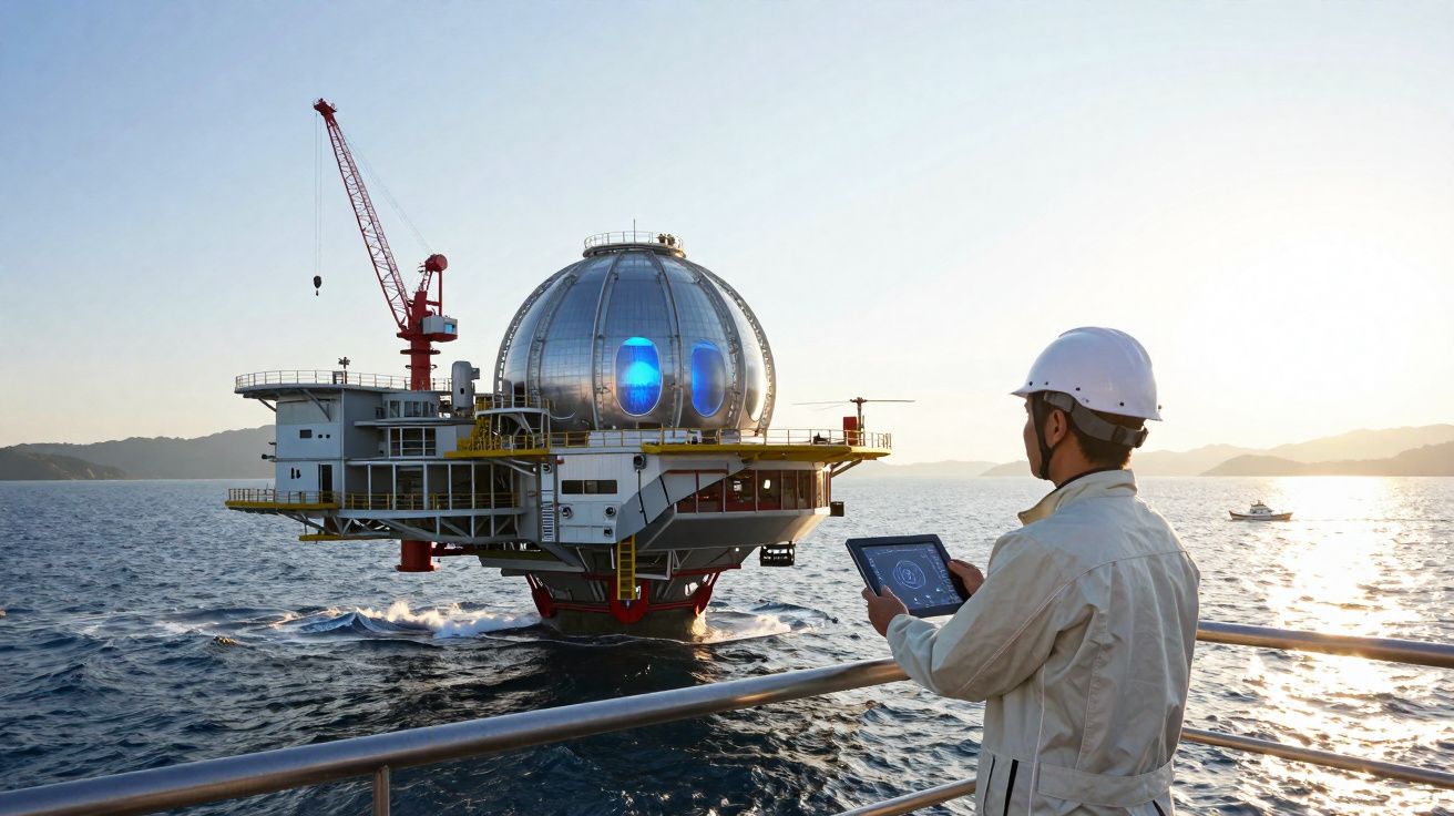 Homem com capacete e tablet observa plataforma marítima futurista com cúpula metálica no mar ao pôr do sol.