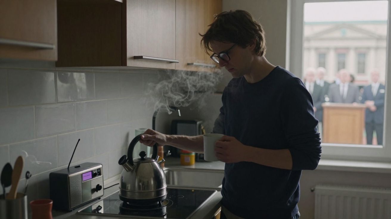 Pessoa com óculos segura uma chávena enquanto utiliza um jarro de água a ferver na cozinha.
