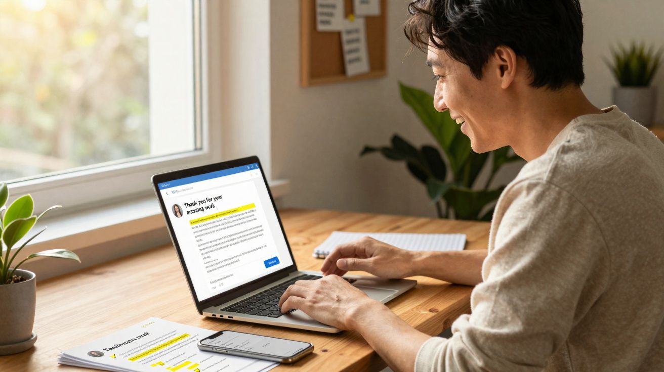 Pessoa sorridente a trabalhar no computador portátil na secretária com documentos e telemóvel perto da janela iluminada.