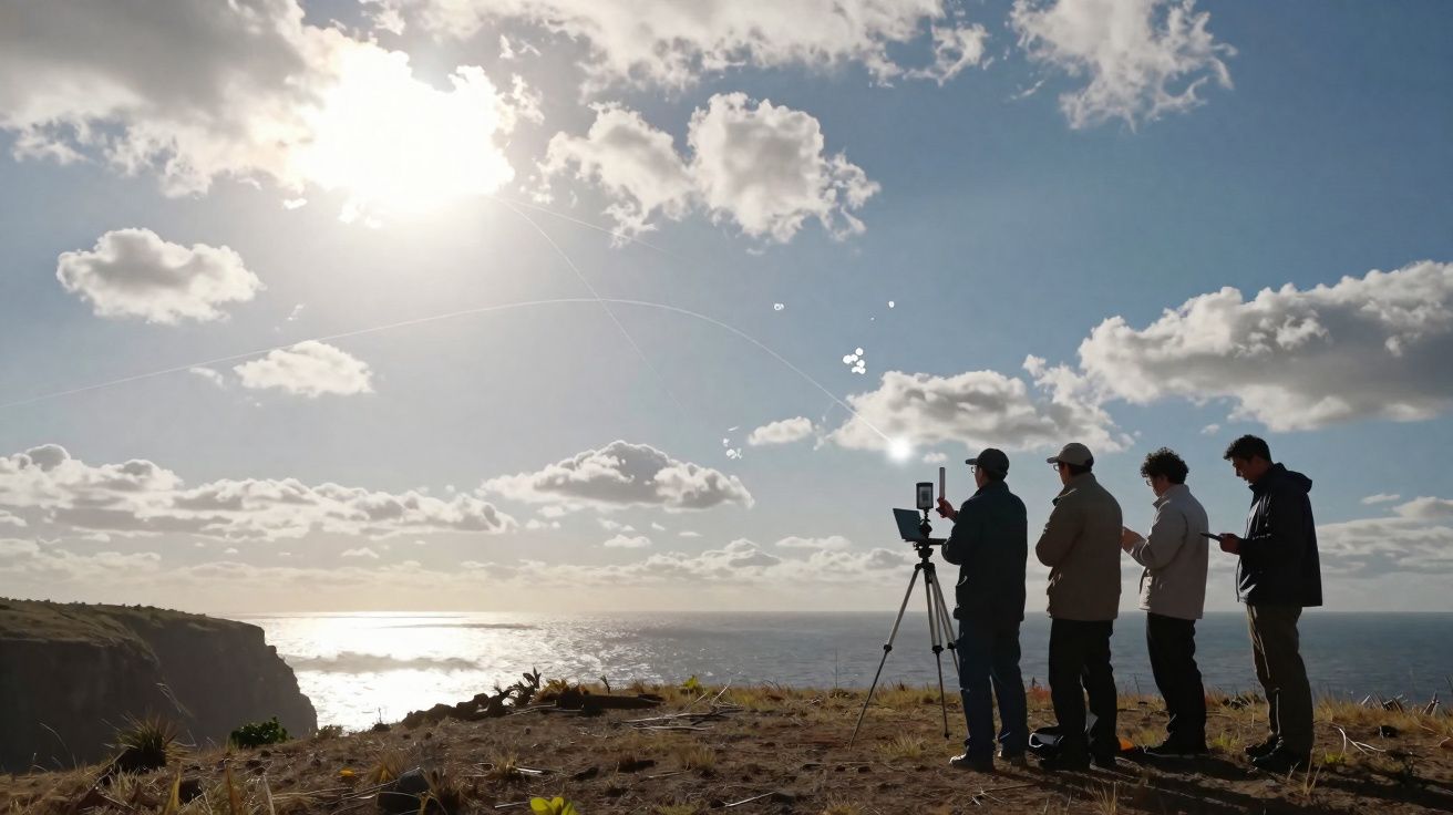 Quatro pessoas em pé numa falésia junto ao mar, com um equipamento de filmagem ao ar livre sob o sol e céu parcialmente nubla