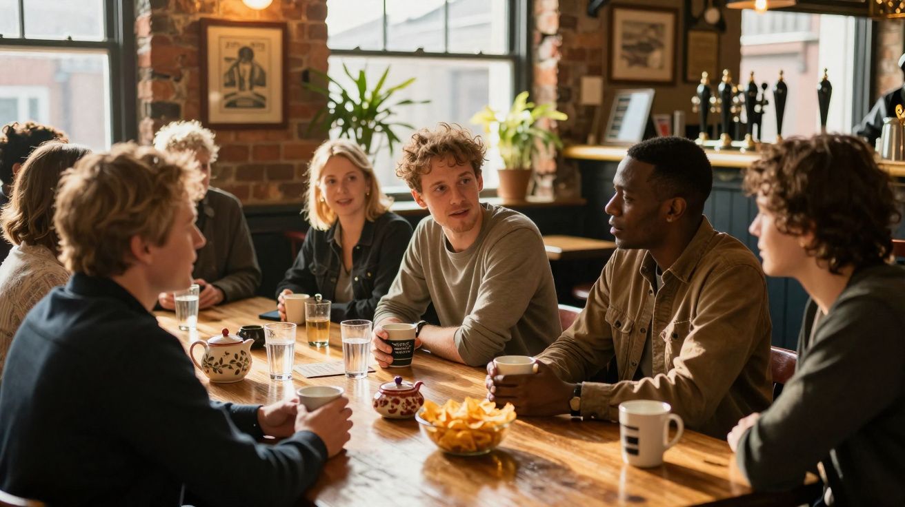 Seis pessoas sentadas à volta de uma mesa de madeira, conversando e bebendo café num café acolhedor.