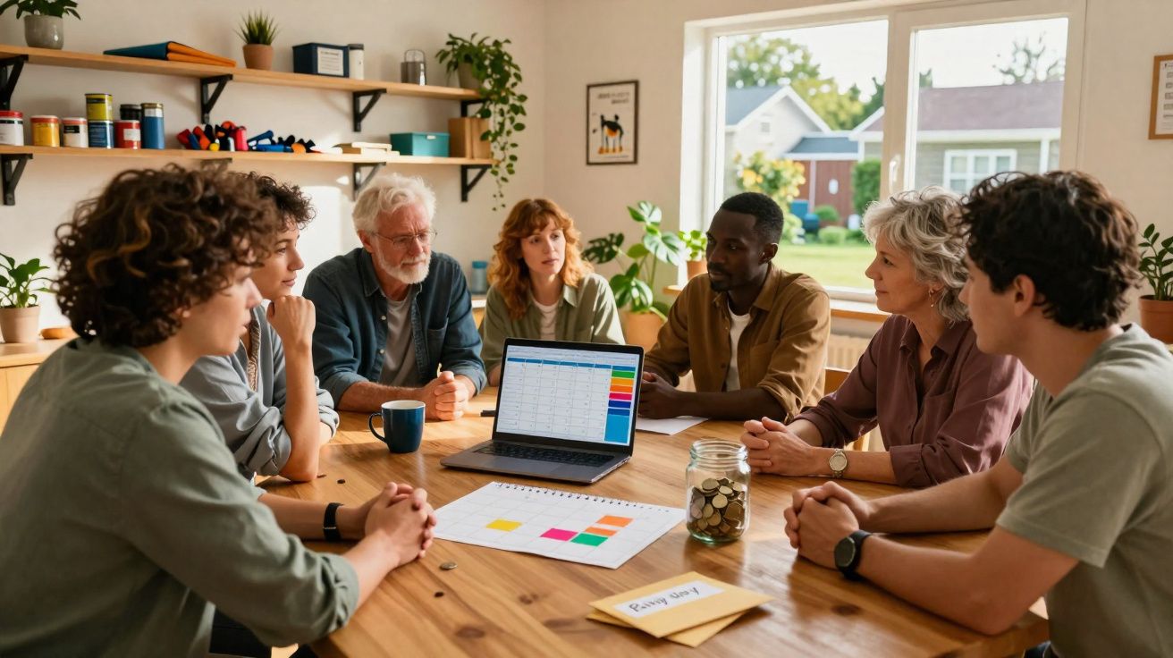 Grupo diversificado de sete pessoas em reunião à mesa com laptop, gráficos e jarro de moedas numa sala iluminada.