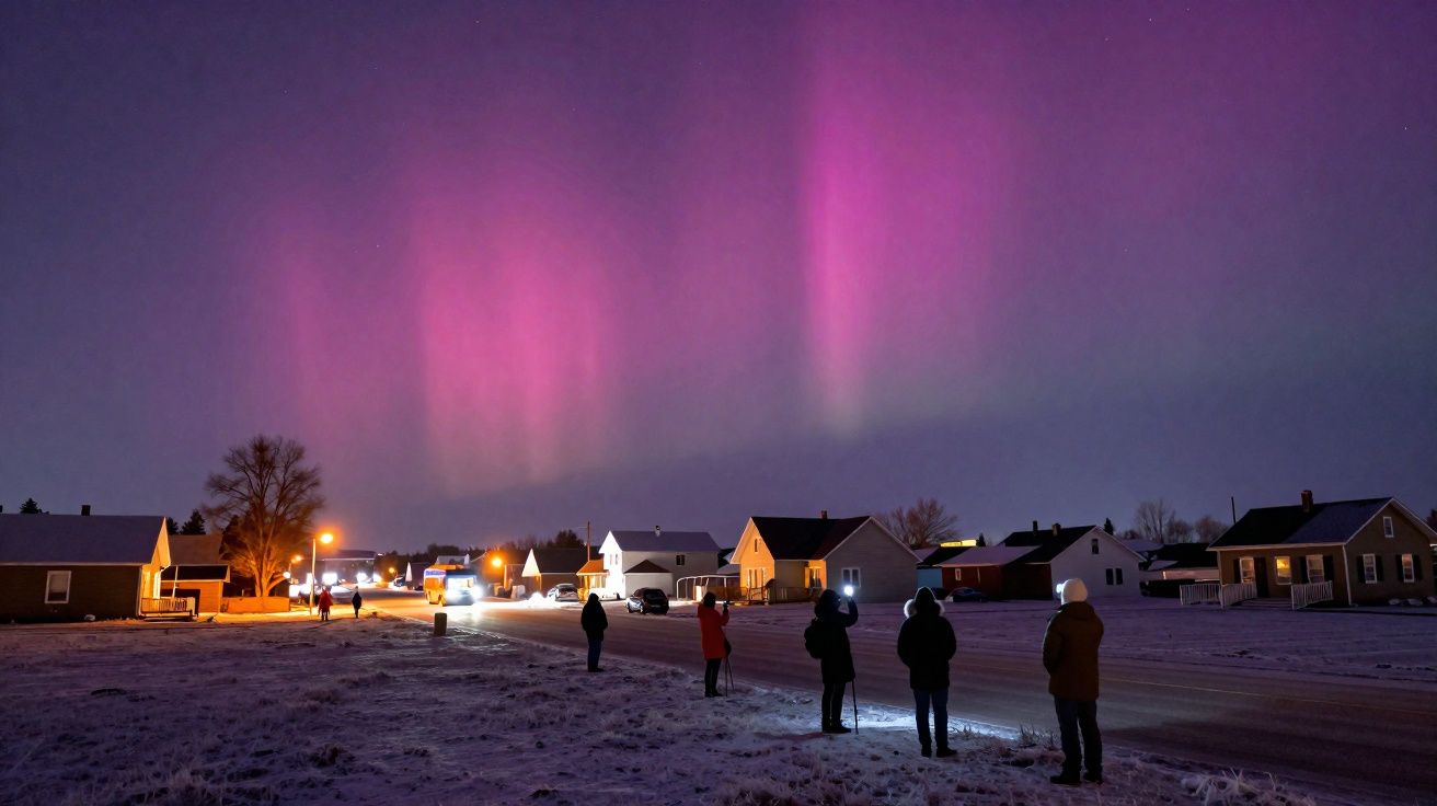 Pessoas observam e fotografam a aurora boreal rosa e roxa sobre uma aldeia coberta de neve à noite.