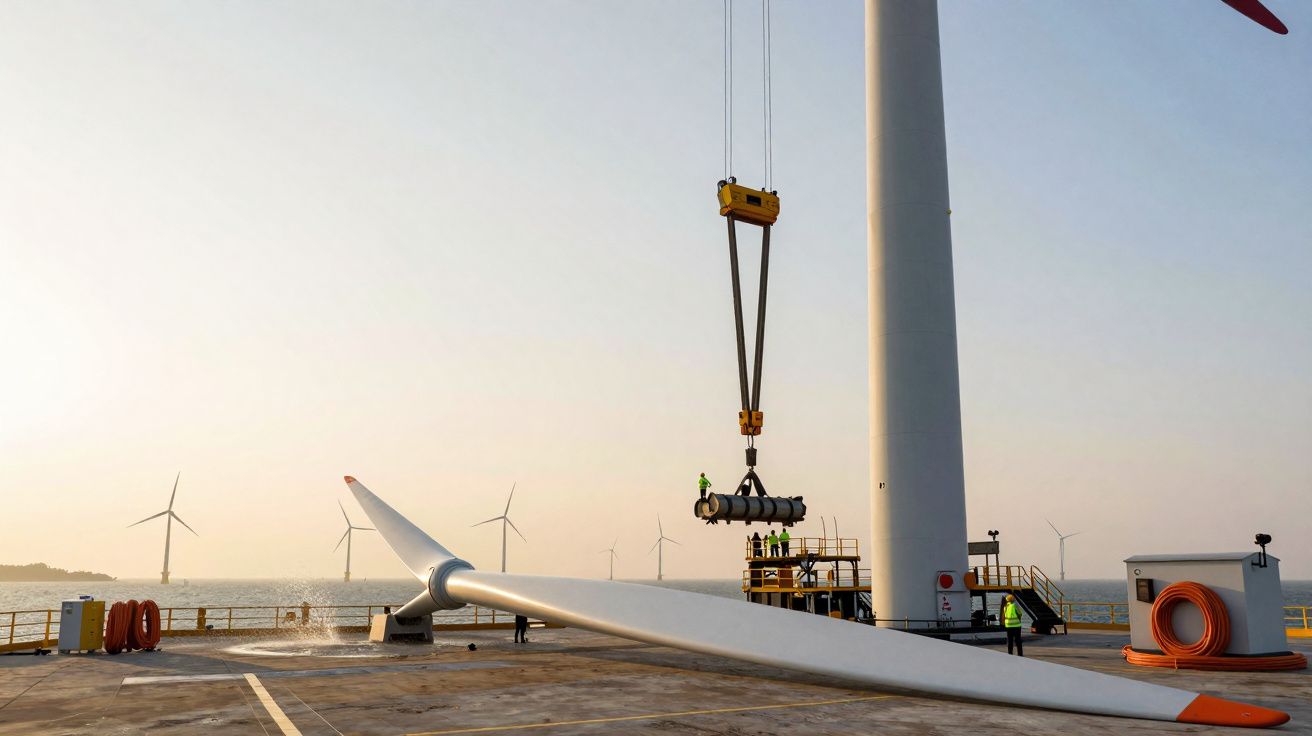 Trabalhadores instalam uma pá gigante de turbina eólica numa plataforma offshore ao pôr do sol.