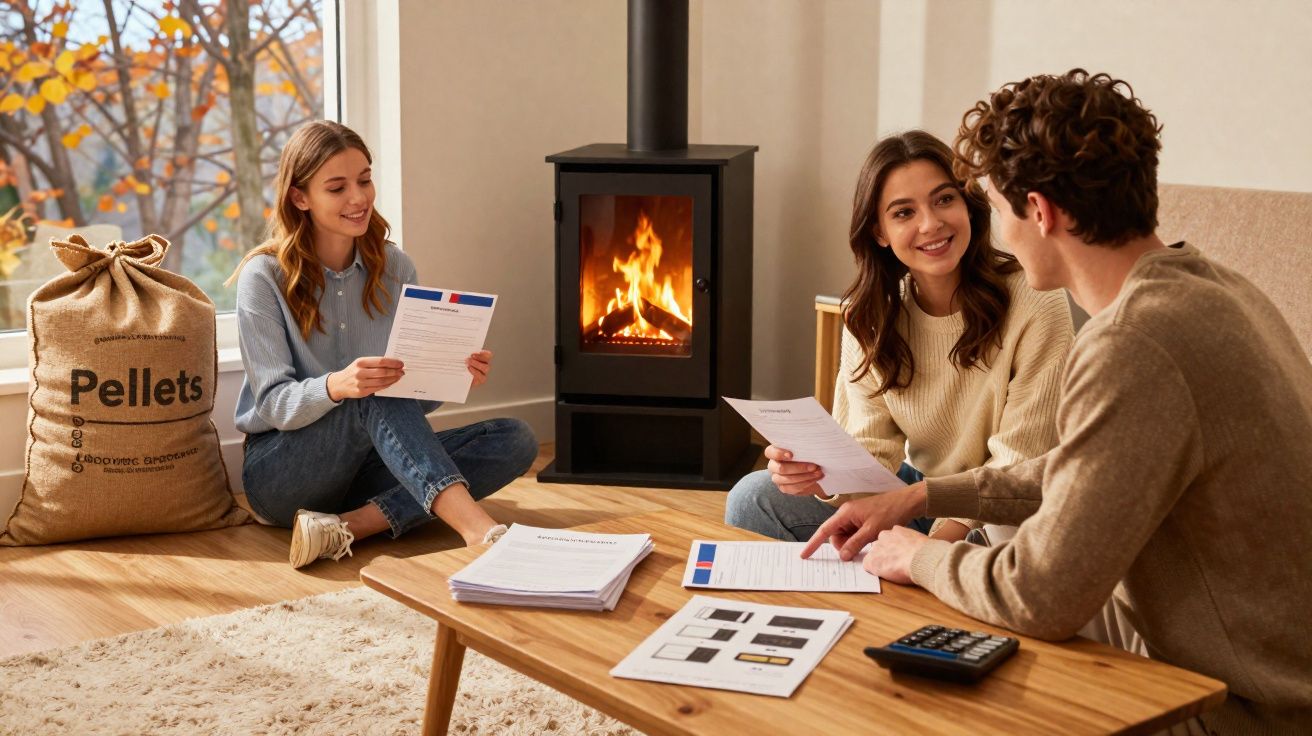 Casal e consultora sentados no chão a analisar documentos perto de lareira com saco de pellets ao lado.