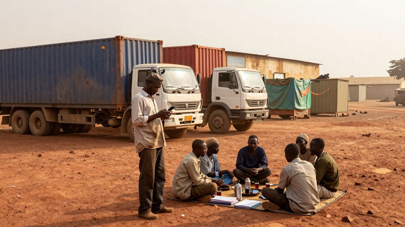 Homens sentados ao chão em reunião informal ao ar livre, com camiões e contentores ao fundo.