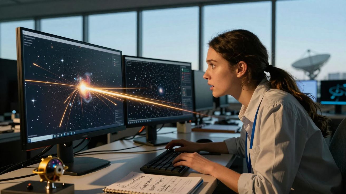 Mulher cientista analisa dados de astronomia em monitores num laboratório moderno com antena parabólica ao fundo.