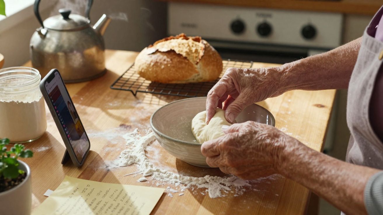 Mãos envelhecidas a moldar massa numa tigela sobre uma bancada de madeira com pão e utensílios de cozinha ao fundo.