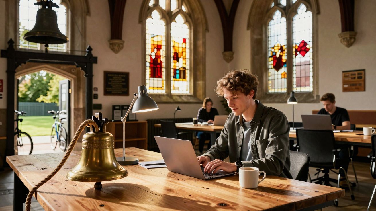 Jovem a estudar com computador portátil numa sala de estudo com janelas de vitrais e sinos decorativos.