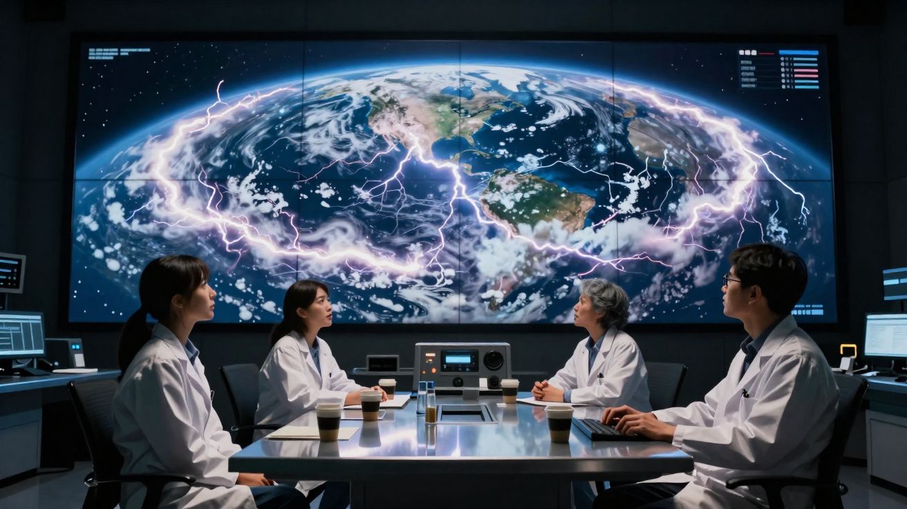 Quatro cientistas em reunião num laboratório, analisando um mapa digital da Terra com descargas elétricas visíveis.