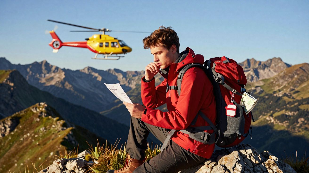 Homem com mochila vermelha sentado em montanha, a ler mapa, com helicóptero de resgate ao fundo e céu limpo.