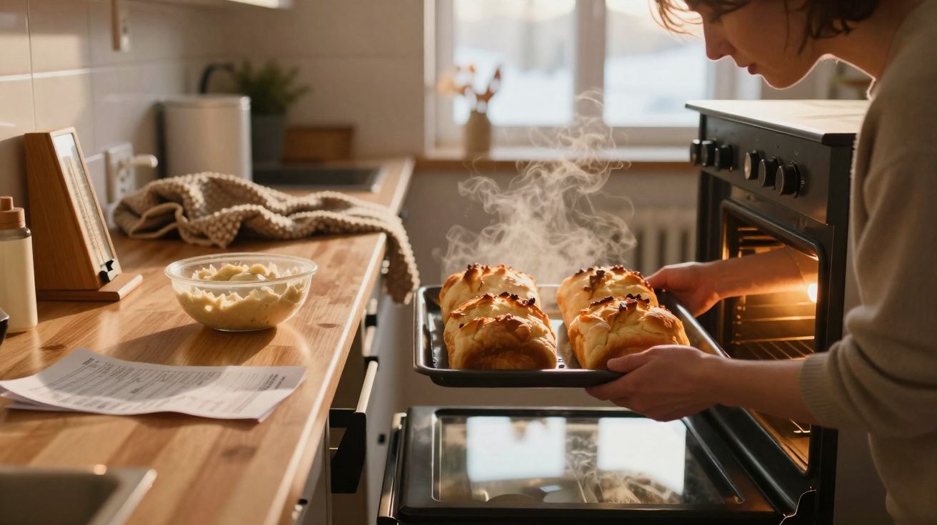 Pessoa a retirar pão quente e fumegante do forno numa cozinha iluminada pela luz natural.