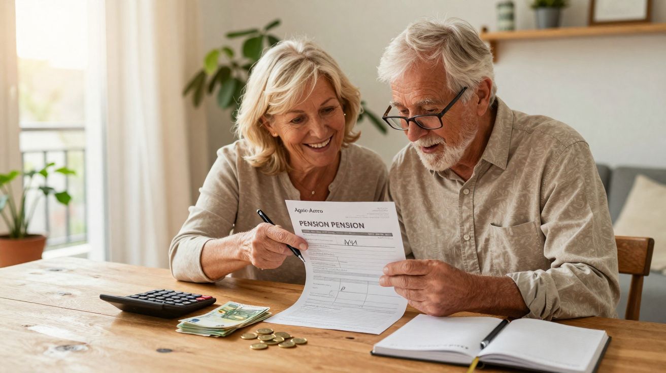 Casal sénior a analisar documentos de pensão junto a calculadora e dinheiro numa mesa de madeira.