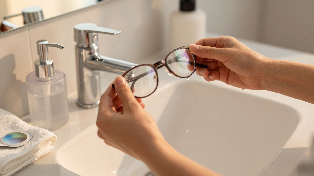 Pessoa a lavar óculos com água numa casa de banho moderna com lava-loiça e dispensador de sabão.