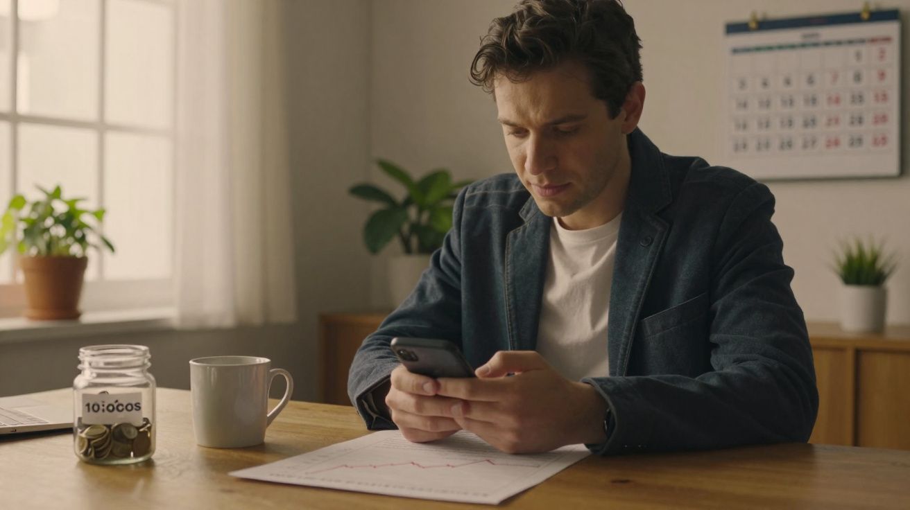 Homem sentado a olhar para o telemóvel à mesa com gráfico, jarro de moedas e caneca na luz natural.