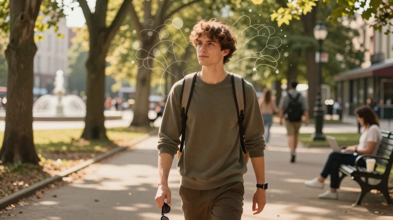 Jovem com mochila e camisola verde caminha num parque urbano com árvores e pessoas ao fundo.