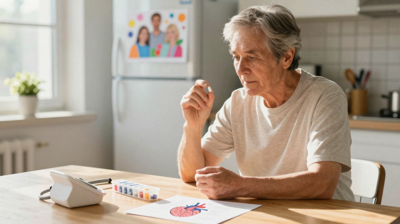 Homem idoso sentado à mesa a segurar um comprimido, com ilustração de coração e medidor de pressão arterial.