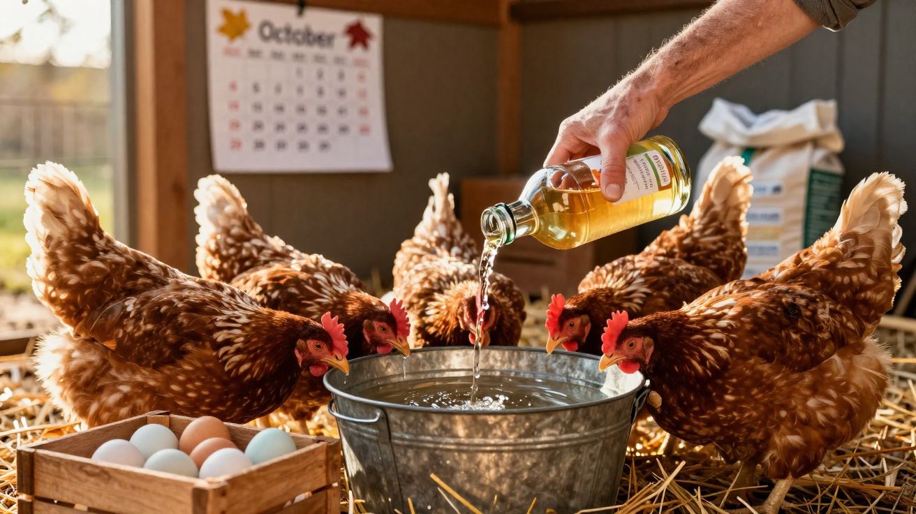 Galinha a beber água de um balde metálico num galinheiro com um caixote de ovos e um calendário de outubro ao fundo.
