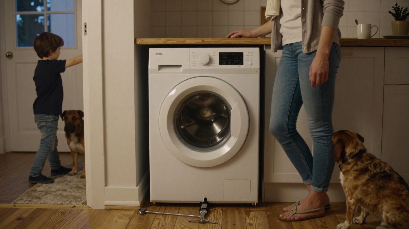 Máquina de lavar roupa branca numa cozinha, com criança, adulto e dois cães ao redor.
