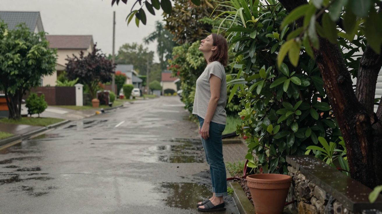 Mulher de pé na rua molhada, com os olhos fechados e rosto voltado para cima, rodeada de árvores e plantas.