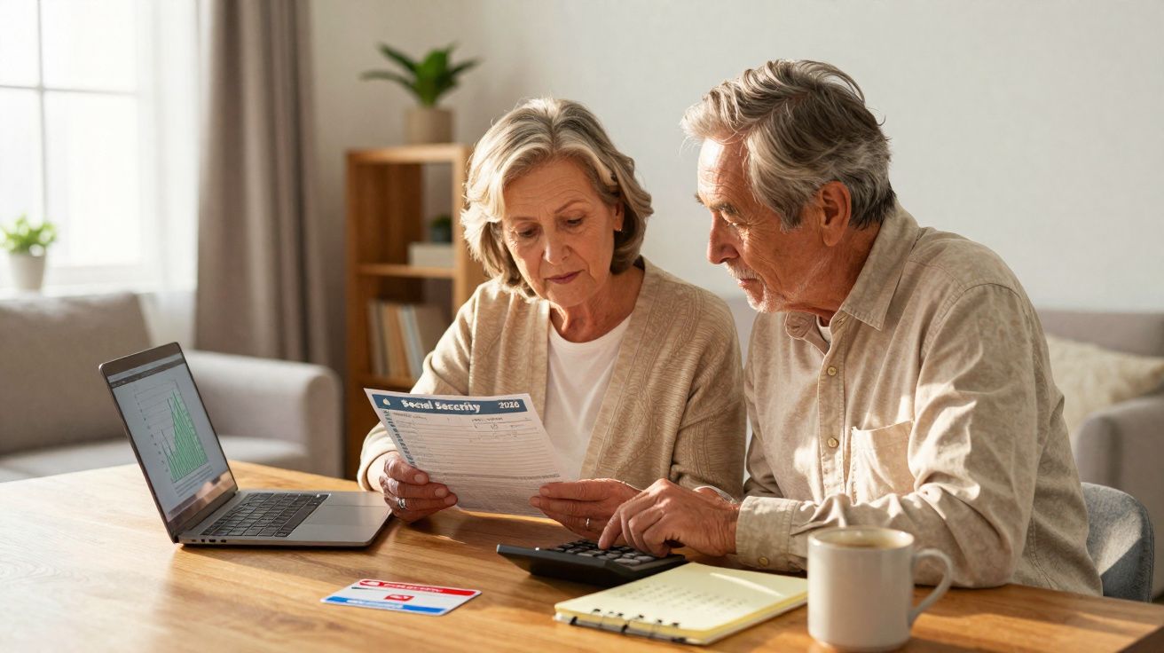 Casal sénior sentado a analisar documentos financeiros com portátil, calculadora e caderno numa mesa.