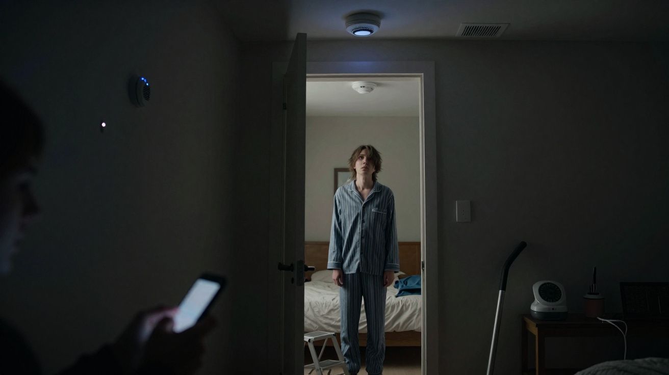 Pessoa de pijama azul a olhar para frente numa porta entreaberta à noite, enquanto outra usa o telemóvel na penumbra.