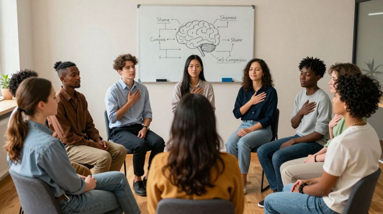 Grupo diverso sentado em círculo com uma mão no peito, numa sessão de terapia ou mindfulness.